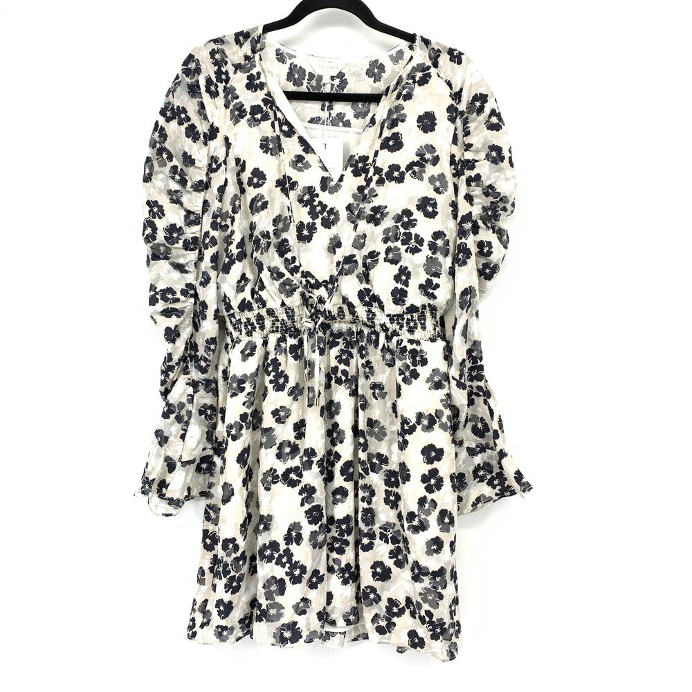 Ted Baker Ruched Detail Mini Dress Womens Sz 2 US 6 Black Gray Floral Print NEW